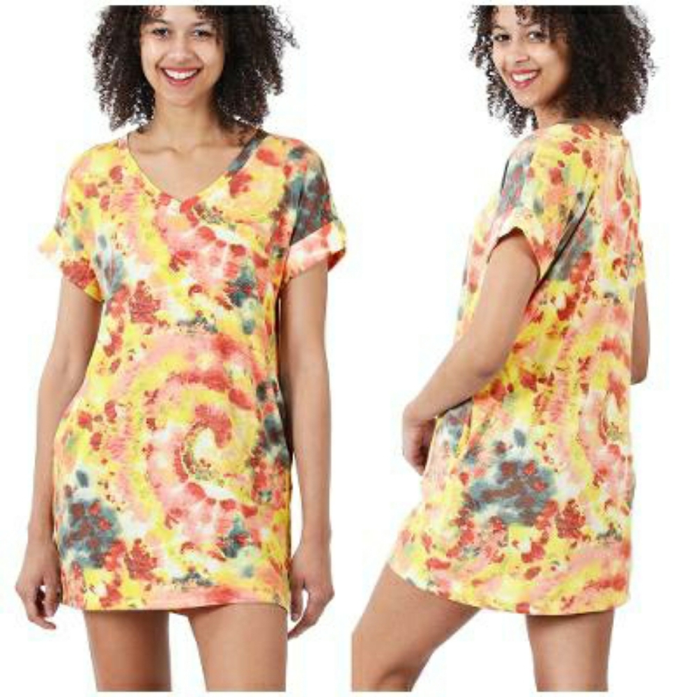Chic Watercolor Yellow Tie-Dye Tunic Mini Dress